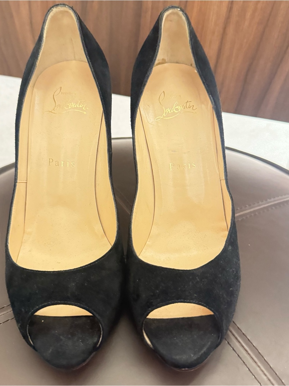 Christian Louboutin Black Suede Peep-Toe Pumps with Signature Red Sole